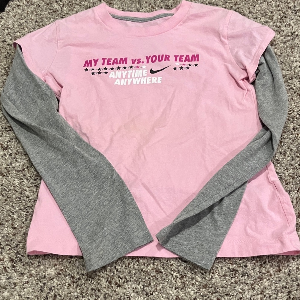 Nike Girls Pink & Gray Long Sleeve Shirt “My Team vs Your Team Anytime Anywhere”